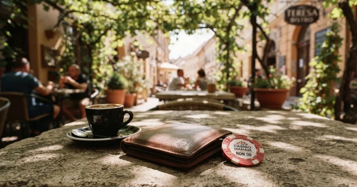 Un portofel de piele închis lângă o cană de cafea, pe masa unei terase la prânz — 20 lei depunere la cazinou în romania
