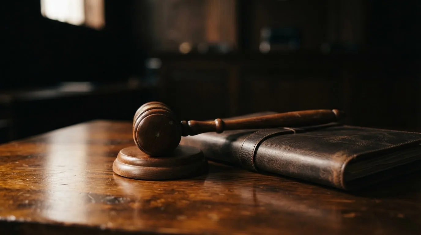 Un ciocan de judecător lângă un dosar de piele închis, pe o masă de nuc lustruit — 400 rotiri gratuite în romania