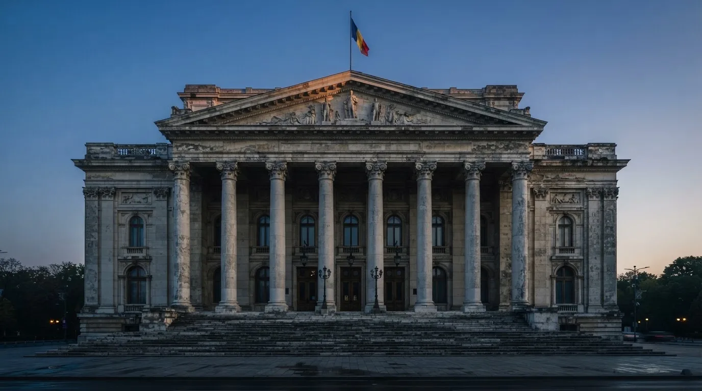 Fațada de piatră a unei clădiri guvernamentale din București, în lumina rece a zorilor — 500 rotiri gratuite în romania