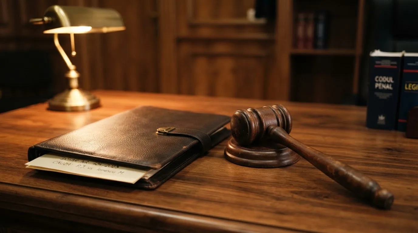 Un ciocan de judecător lângă un dosar de piele închis, pe o masă de nuc lustruit — aparate de cazinou din românia