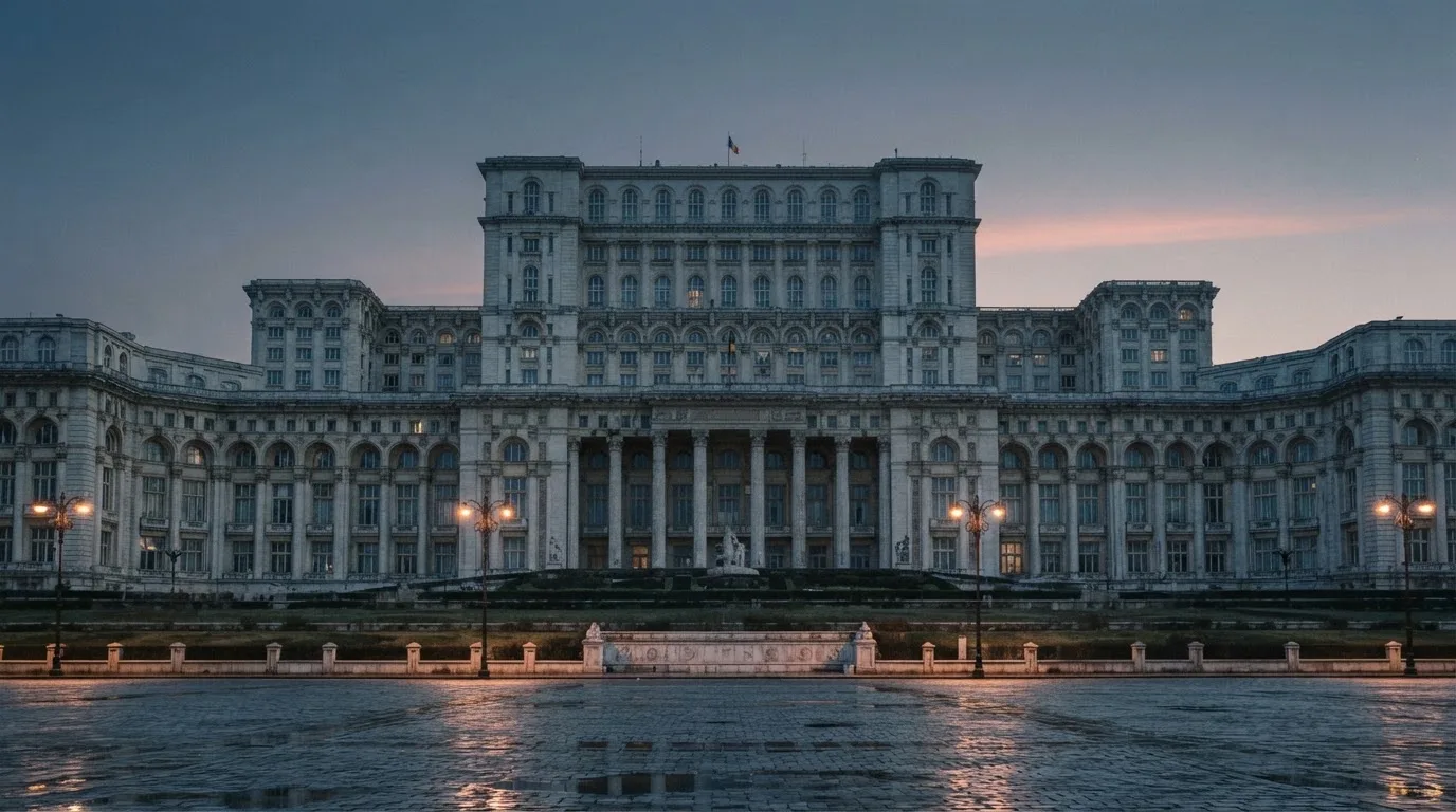 Fațada de piatră a unei clădiri guvernamentale din București, în lumina rece a zorilor — aparate de păcănele în românia
