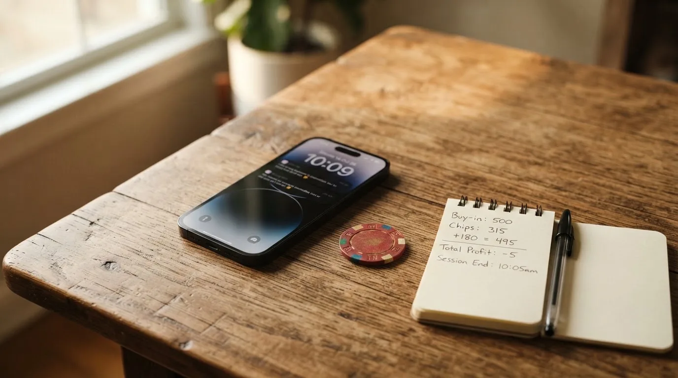 Smartphone așezat pe o masă de lemn lângă o monedă aurie și un calculator de buzunar, în lumina unei ferestre.