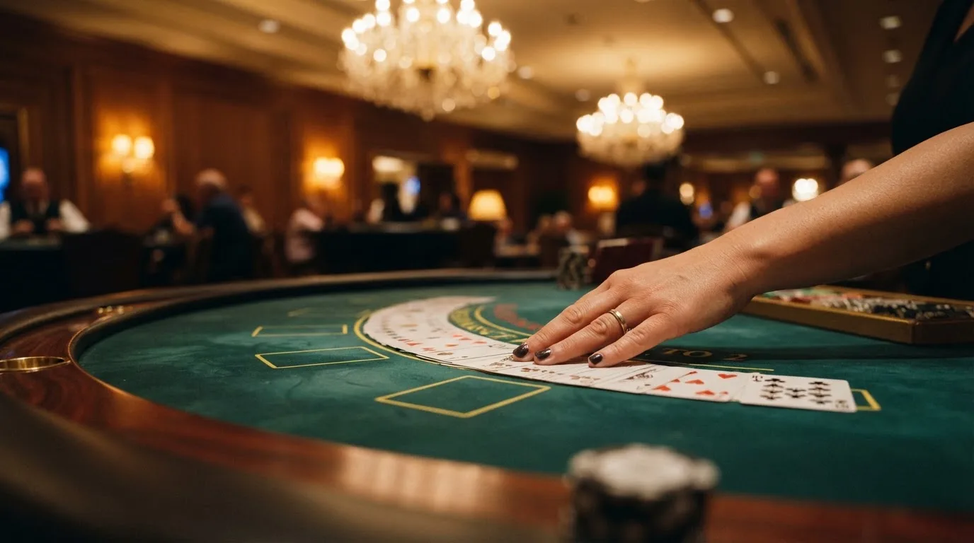 Mâinile unui crupier amestecă cărțile sub candelabrele unui cazinou elegant — blackjack reguli pentru români