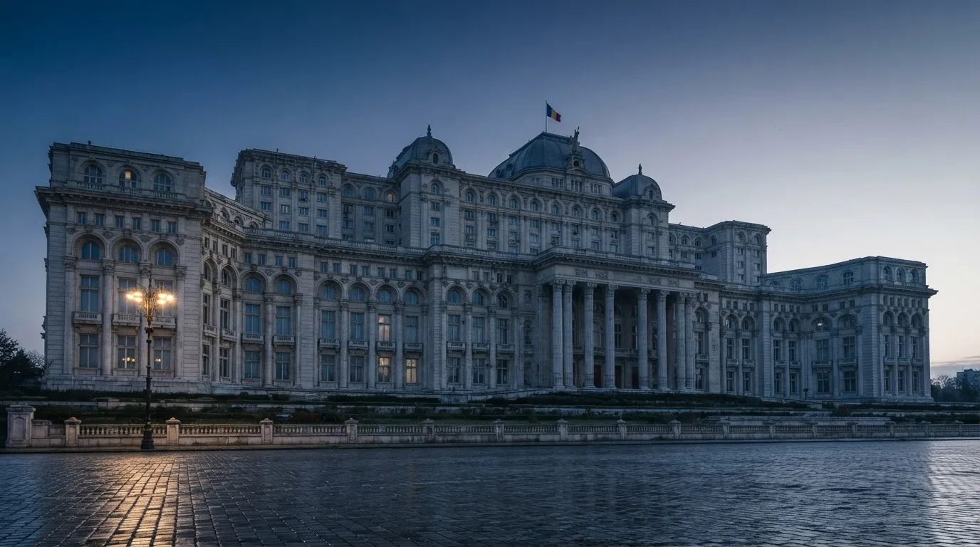 Fațada de piatră a unei clădiri guvernamentale din București, în lumina rece a zorilor — blackjack reguli pentru români
