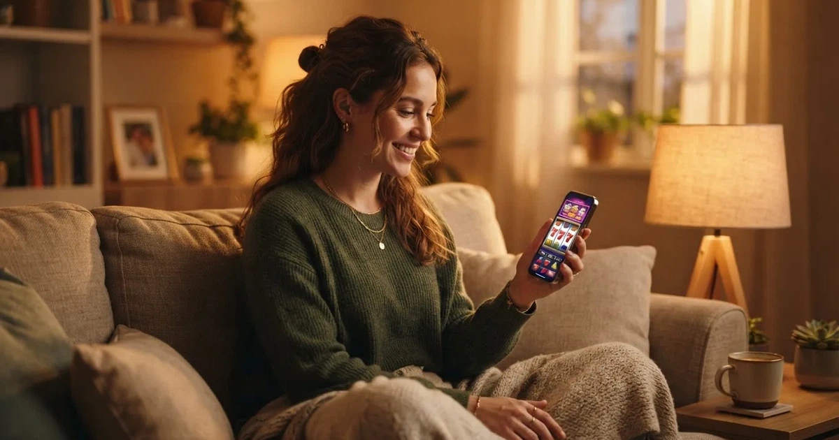 Femeie zâmbind relaxată pe canapea, cu telefonul în mână, pe care se văd simboluri colorate de păcănele, într-o cameră cu lumină caldă de seară.
