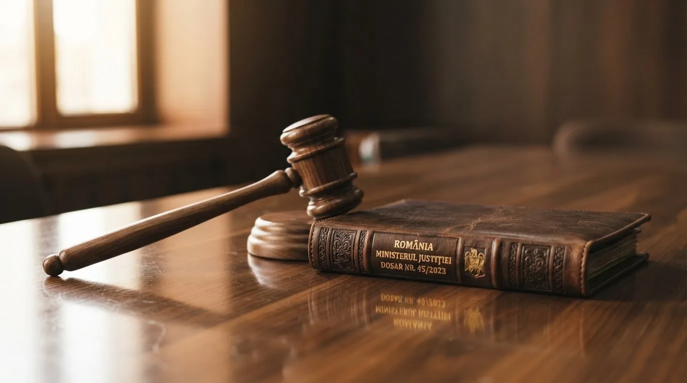 Un ciocan de judecător lângă un dosar de piele închis, pe o masă de nuc lustruit — bune cazinouri în românia