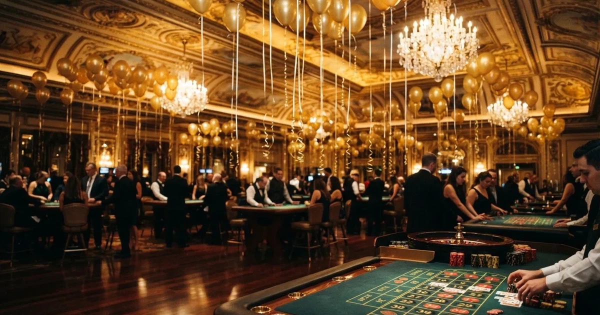 Baloane aurii plutind sub tavanul unei săli de bal, deasupra unor mese de joc — casino bonusuri la inregistrare