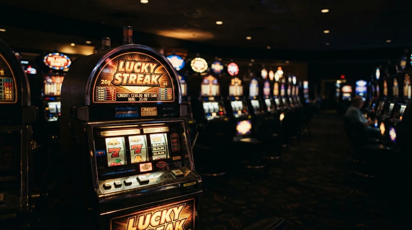 O sală de jocuri slab luminată, cu rânduri de aparate cu role strălucind în penumbră — casino bonusuri la inregistrare
