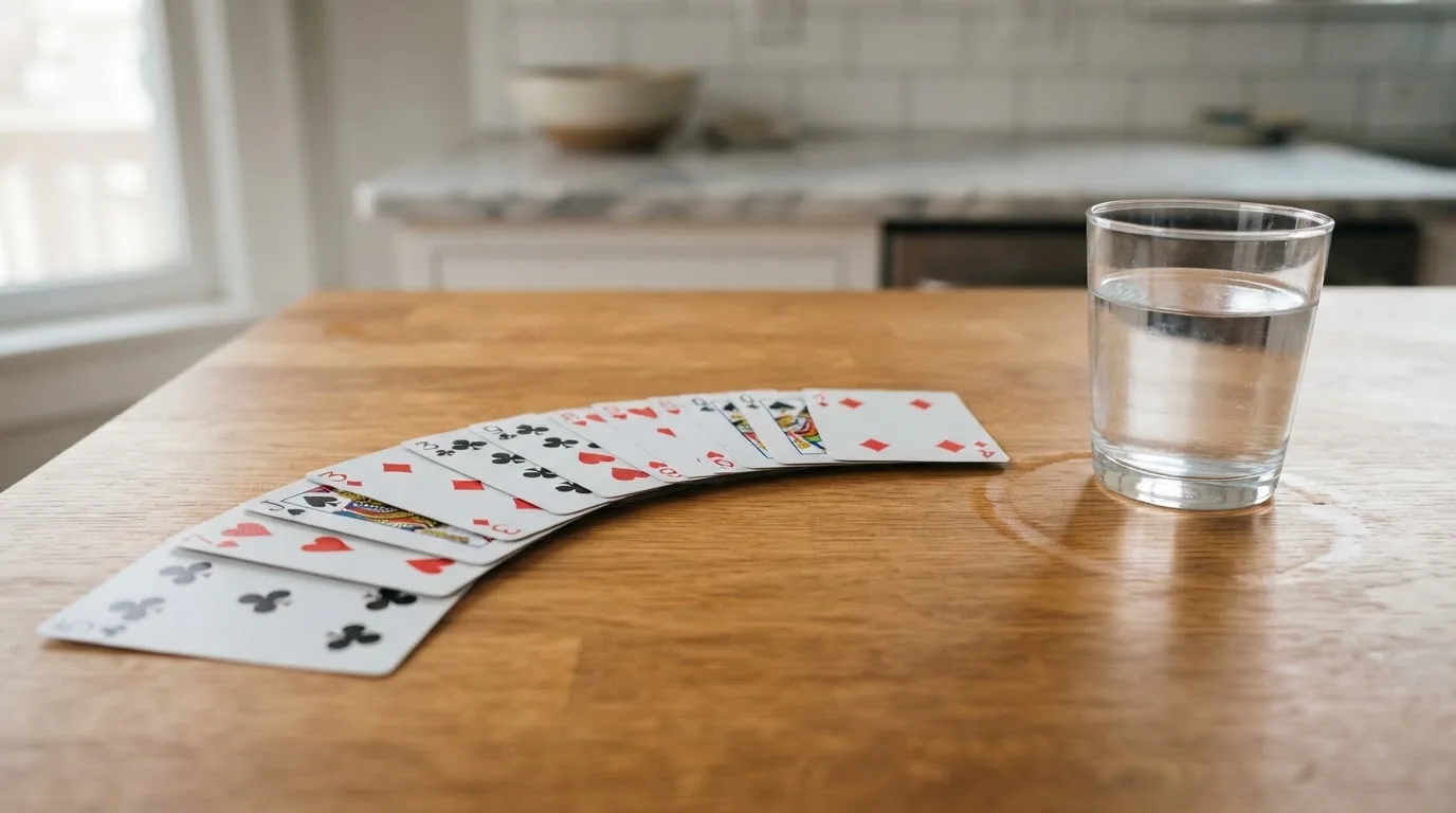Un pachet de cărți de joc desfăcut evantai pe o masă de stejar, lângă un pahar cu apă — casino gratis în românia