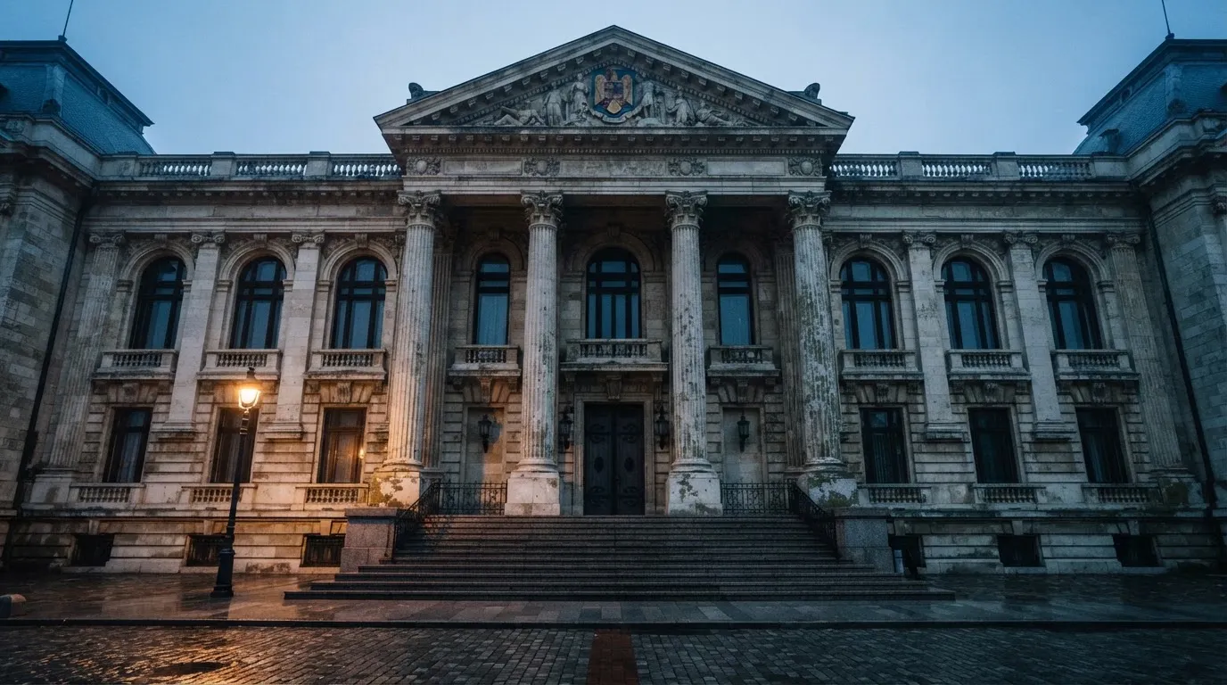 Fațada de piatră a unei clădiri guvernamentale din București, în lumina rece a zorilor — cazinouri care plătesc în românia