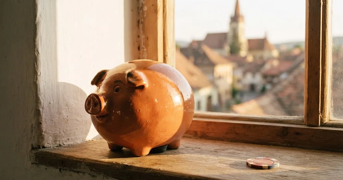 O pușculiță de ceramică în formă de purcel pe un pervaz, în lumina soarelui — cazinouri cu a-bon în romania