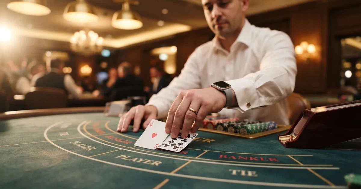 Crupier care întoarce cu grijă două cărți pe o masă de baccarat cu pâslă verde, în lumină caldă și fundal estompat.