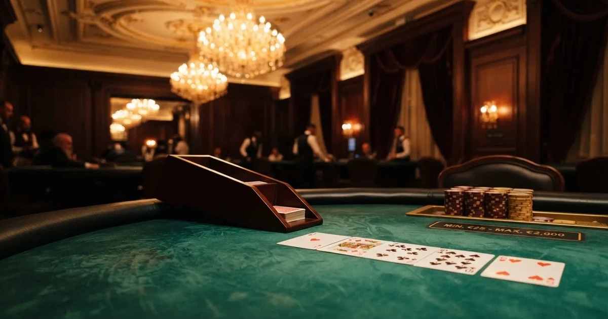 O masă de bacara goală, cu postav albastru și un sabot de cărți, sub lustre de cristal — cazinouri cu blackjack în romania