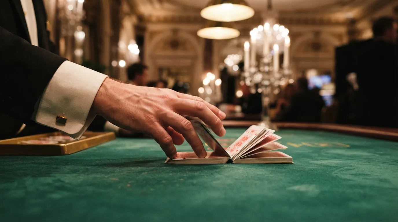 Mâinile unui crupier amestecă cărțile sub candelabrele unui cazinou elegant — cazinouri cu blackjack în romania