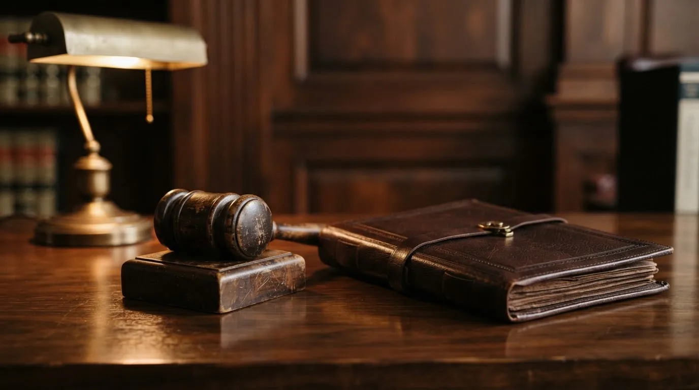 Un ciocan de judecător lângă un dosar de piele închis, pe o masă de nuc lustruit — cazinouri cu bonus aniversar