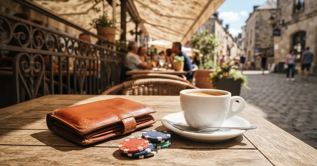 Un portofel de piele închis lângă o cană de cafea, pe masa unei terase la prânz — cazinouri cu cashpay în romania