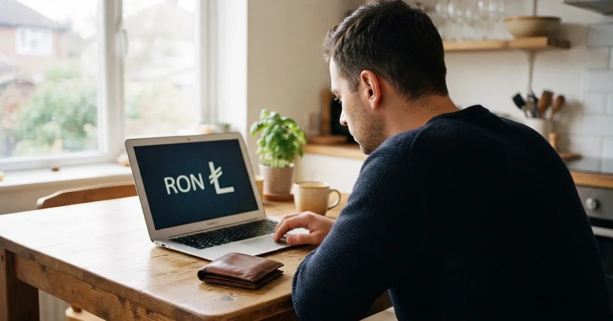Bărbat așezat la o masă de bucătărie, cu laptop și un portofel deschis alături, pregătind o plată online.