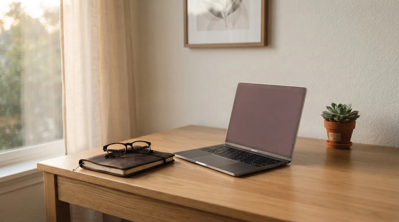Masă de lucru cu laptop, ochelari și o plantă mică, privită din unghi lateral, în lumina difuză a după-amiezii.