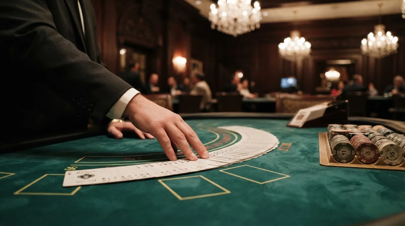 Mâinile unui crupier amestecă cărțile sub candelabrele unui cazinou elegant — cazinouri cu free spins în romania