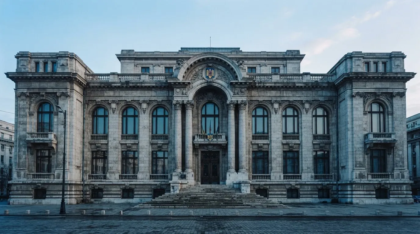 Fațada de piatră a unei clădiri guvernamentale din București, în lumina rece a zorilor — cazinouri cu google pay în romania