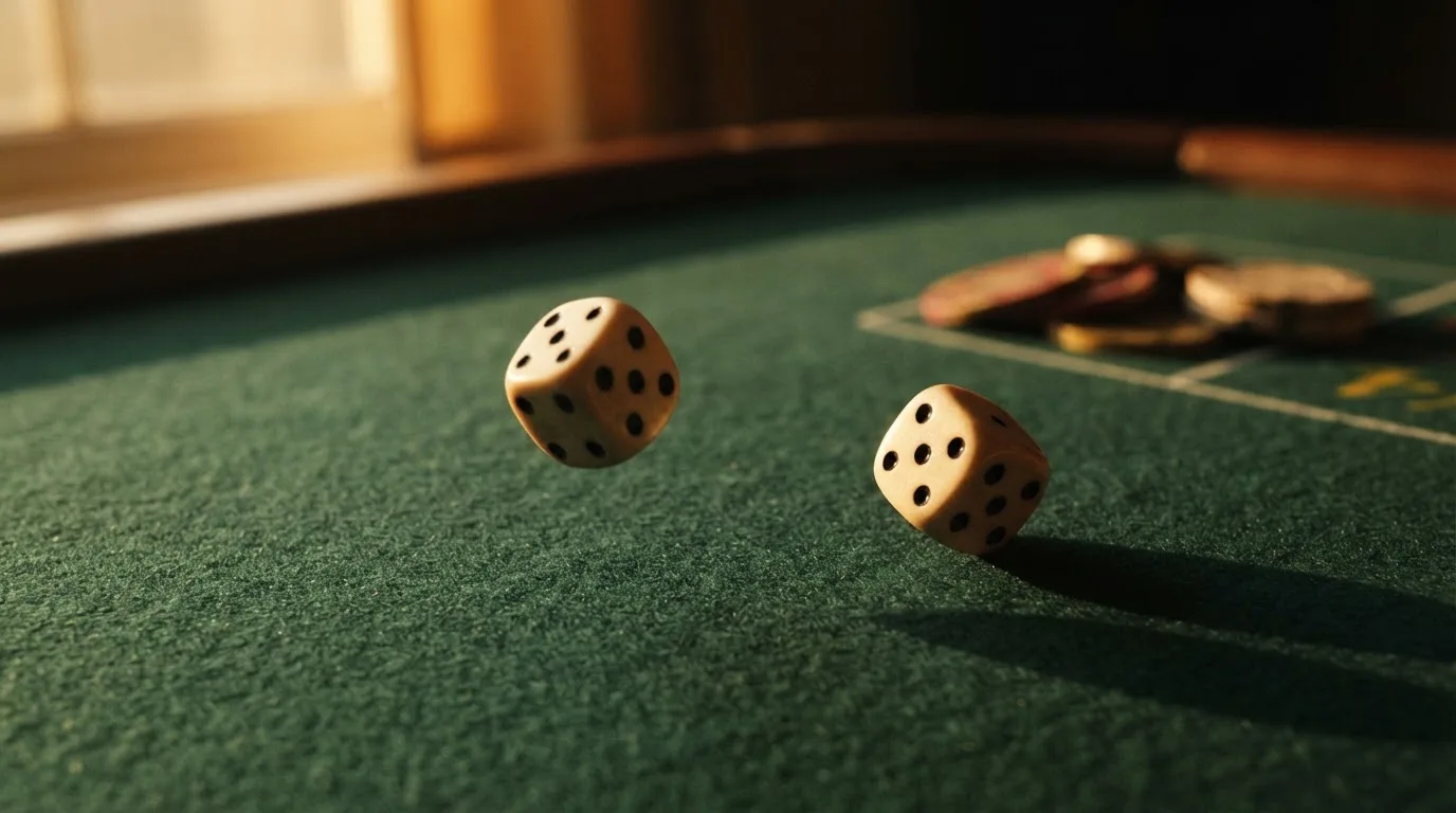 Zaruri de os rostogolindu-se pe un postav de masă, într-o lumină aurie de seară — cazinouri cu jackpot în romania