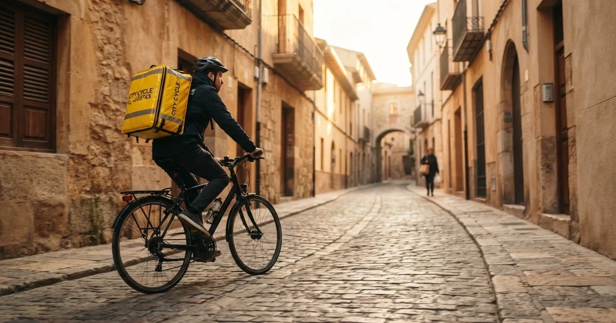 Un curier pe bicicletă cu rucsac galben pe o stradă pavată, în lumina dimineții — cazinouri cu mifinity în romania