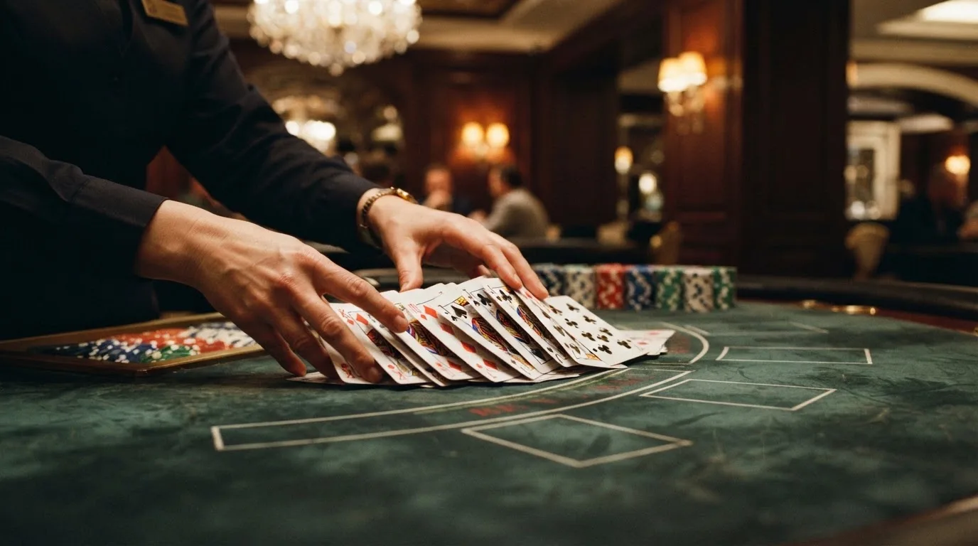 Mâinile unui crupier amestecă cărțile sub candelabrele unui cazinou elegant — cazinouri cu paypal în romania