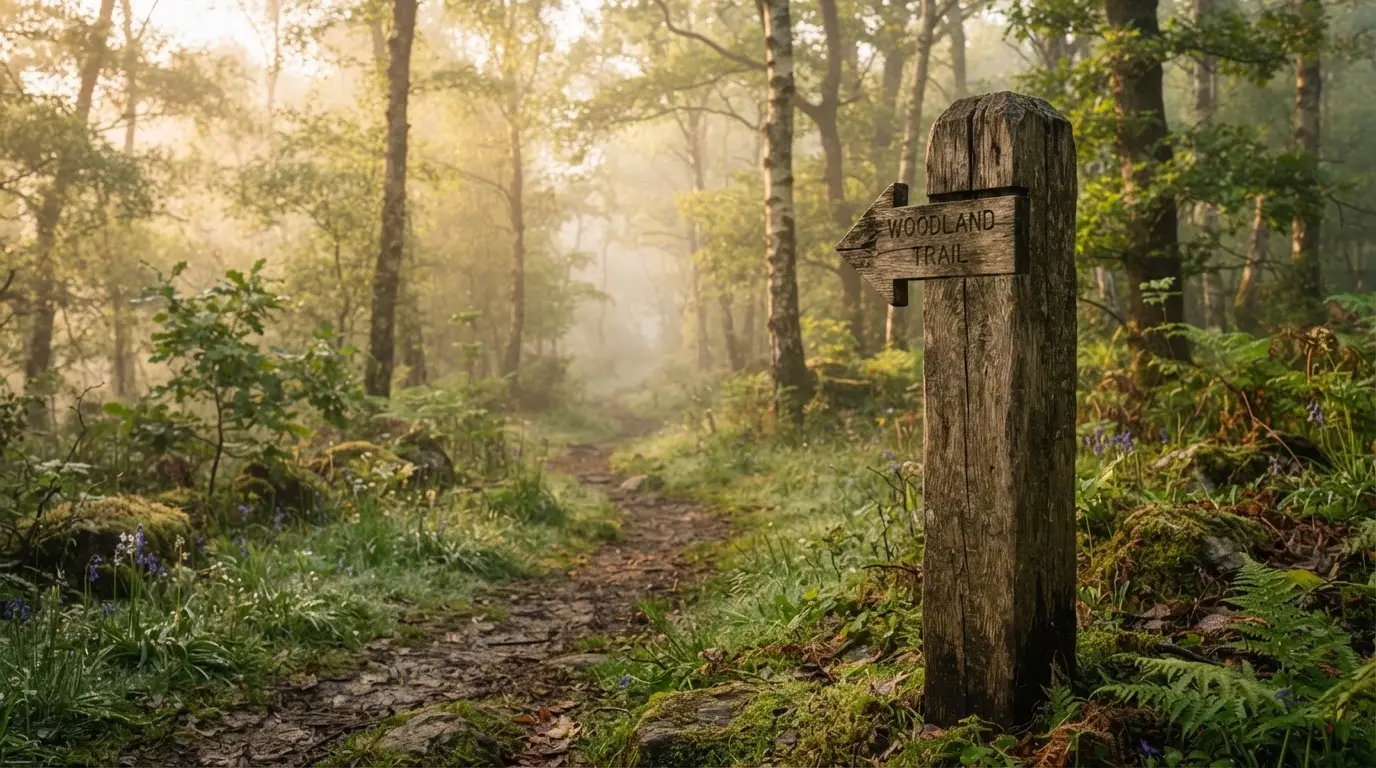 Săgeată de lemn indicând înainte pe o potecă dintr-o pădure, în lumina blândă a dimineții.