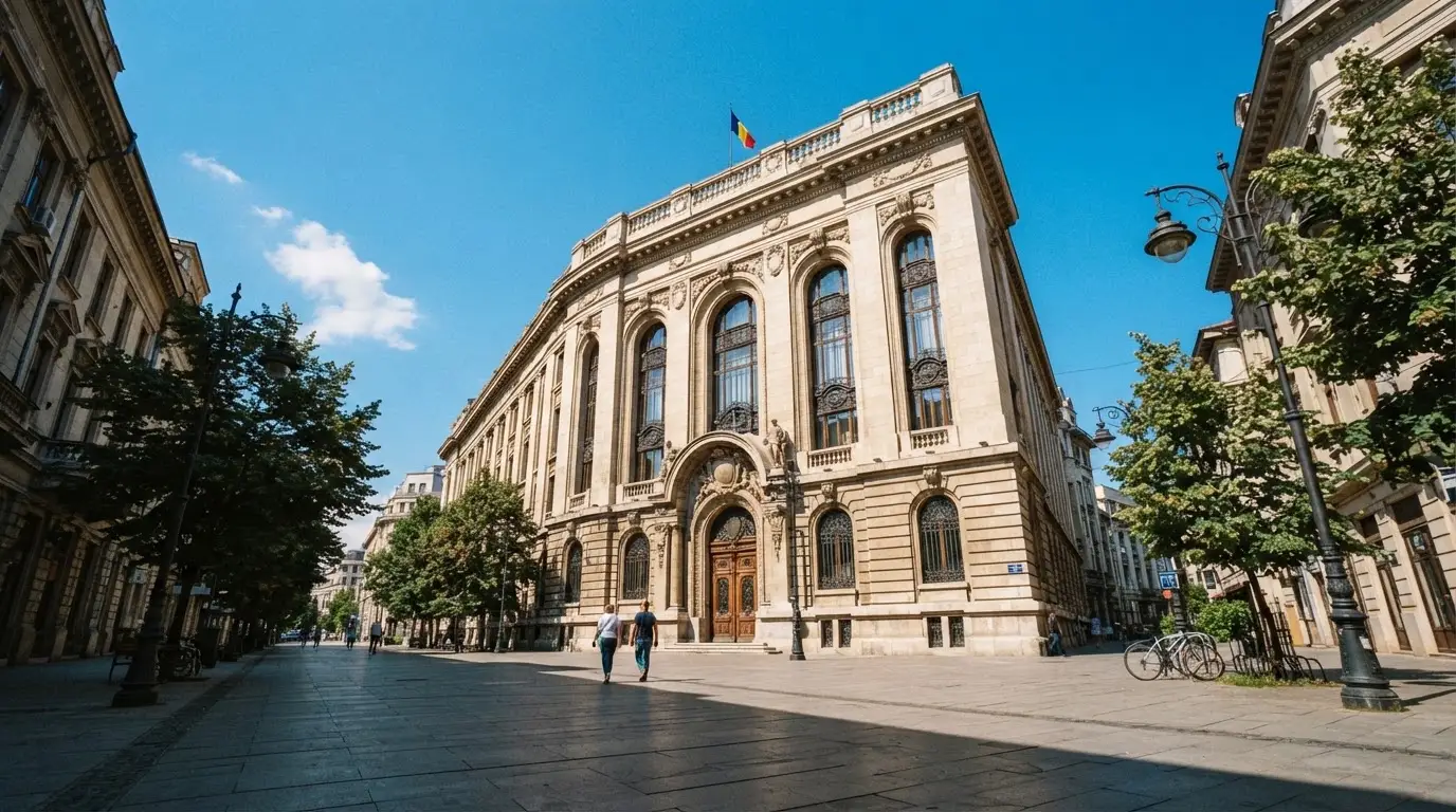 Sediu oficial cu ferestre înalte, văzut din unghi lateral, pe o stradă pietonală din București într-o zi senină.