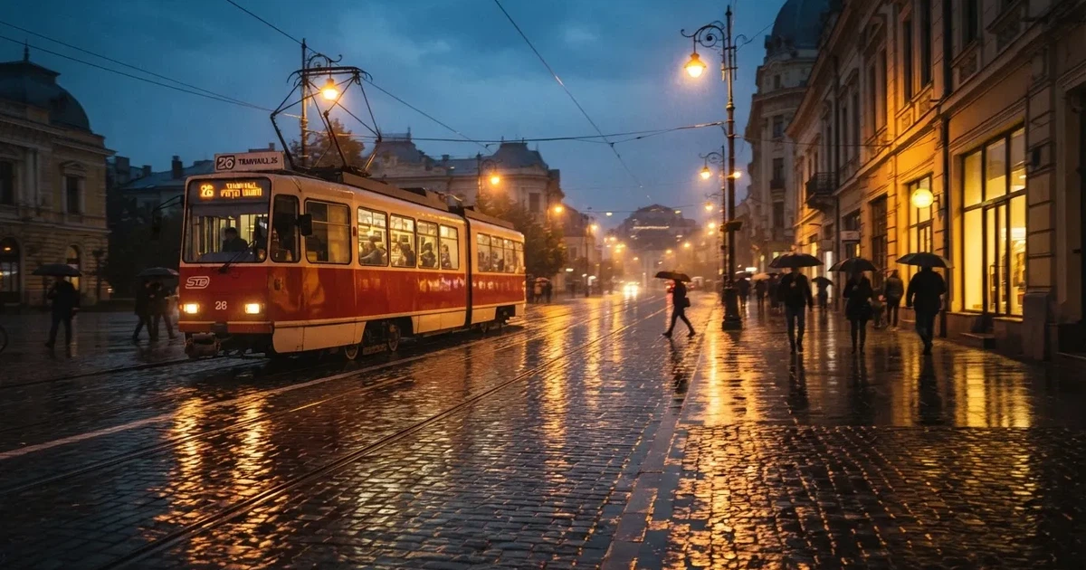 Un tramvai trecând repede pe o stradă udă, cu lumini estompate de mișcare — cazinouri cu revolut în romania