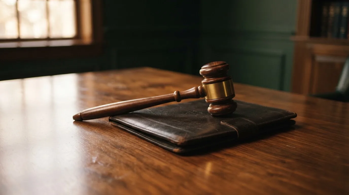 Un ciocan de judecător lângă un dosar de piele închis, pe o masă de nuc lustruit — cazinouri cu revolut în romania