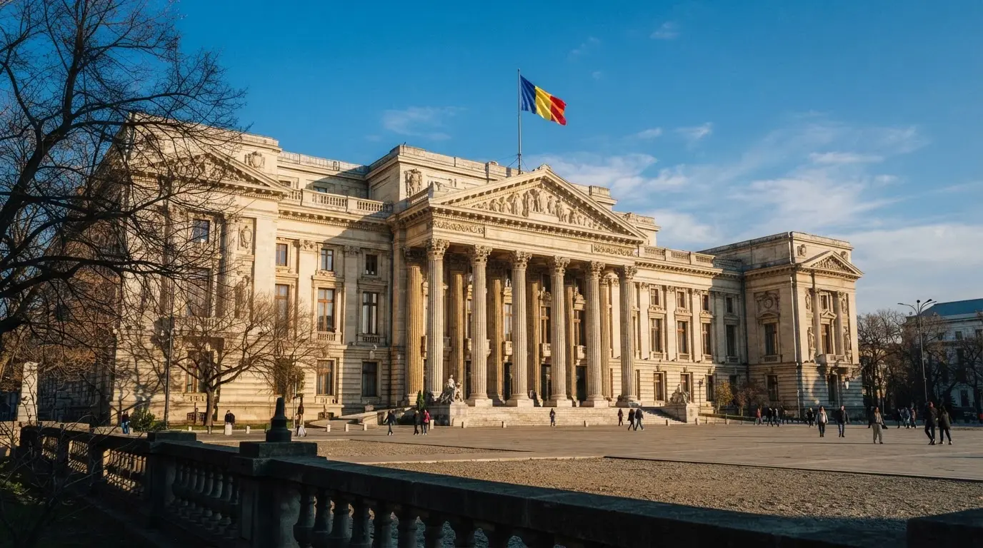 Instituție publică cu coloane albe, văzută de la distanță, cu un drapel tricolor fluturând sub un cer senin.
