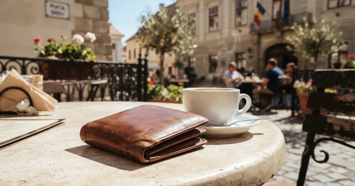 Un portofel de piele închis lângă o cană de cafea, pe masa unei terase la prânz — cazinouri cu skrill în romania