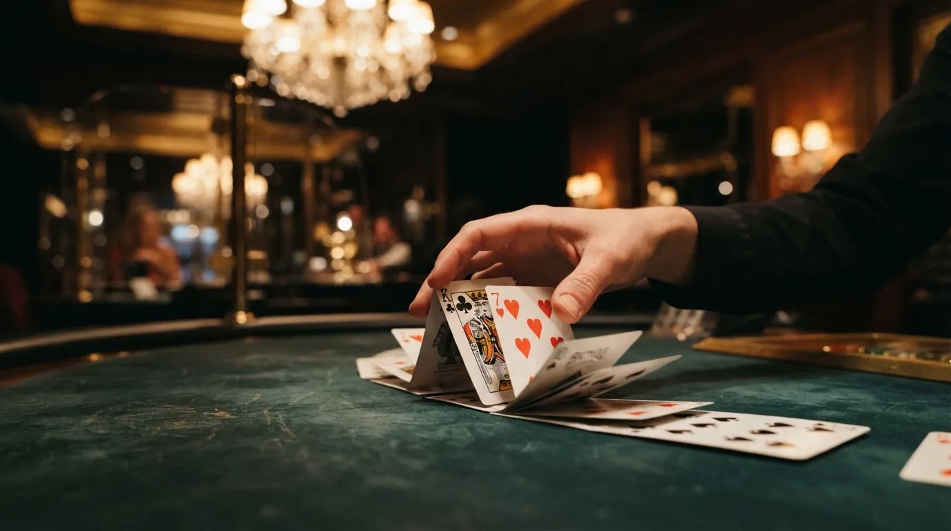 Mâinile unui crupier amestecă cărțile sub candelabrele unui cazinou elegant — cazinouri cu skrill în romania