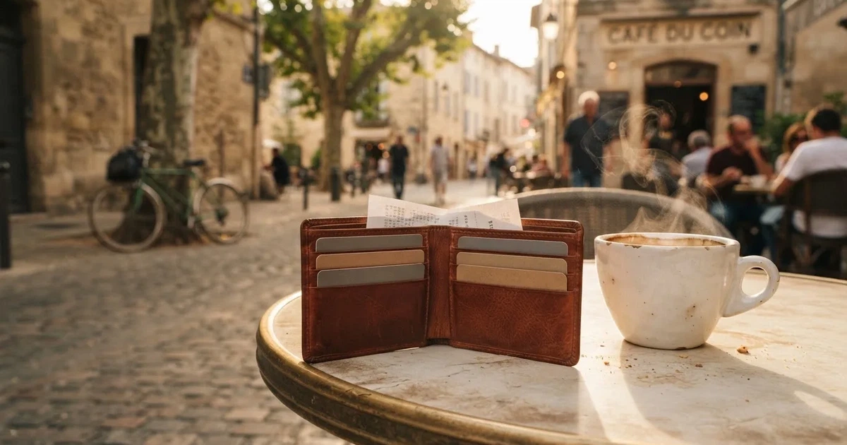 Un portofel de piele închis lângă o cană de cafea, pe masa unei terase la prânz — cazinouri cu transfer bancar