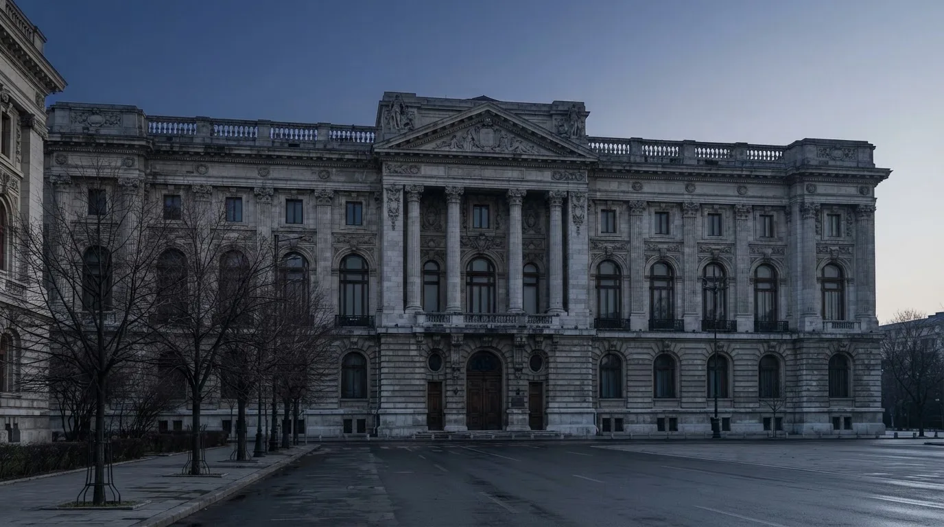 Fațada de piatră a unei clădiri guvernamentale din București, în lumina rece a zorilor — cazinouri cu trustly în romania