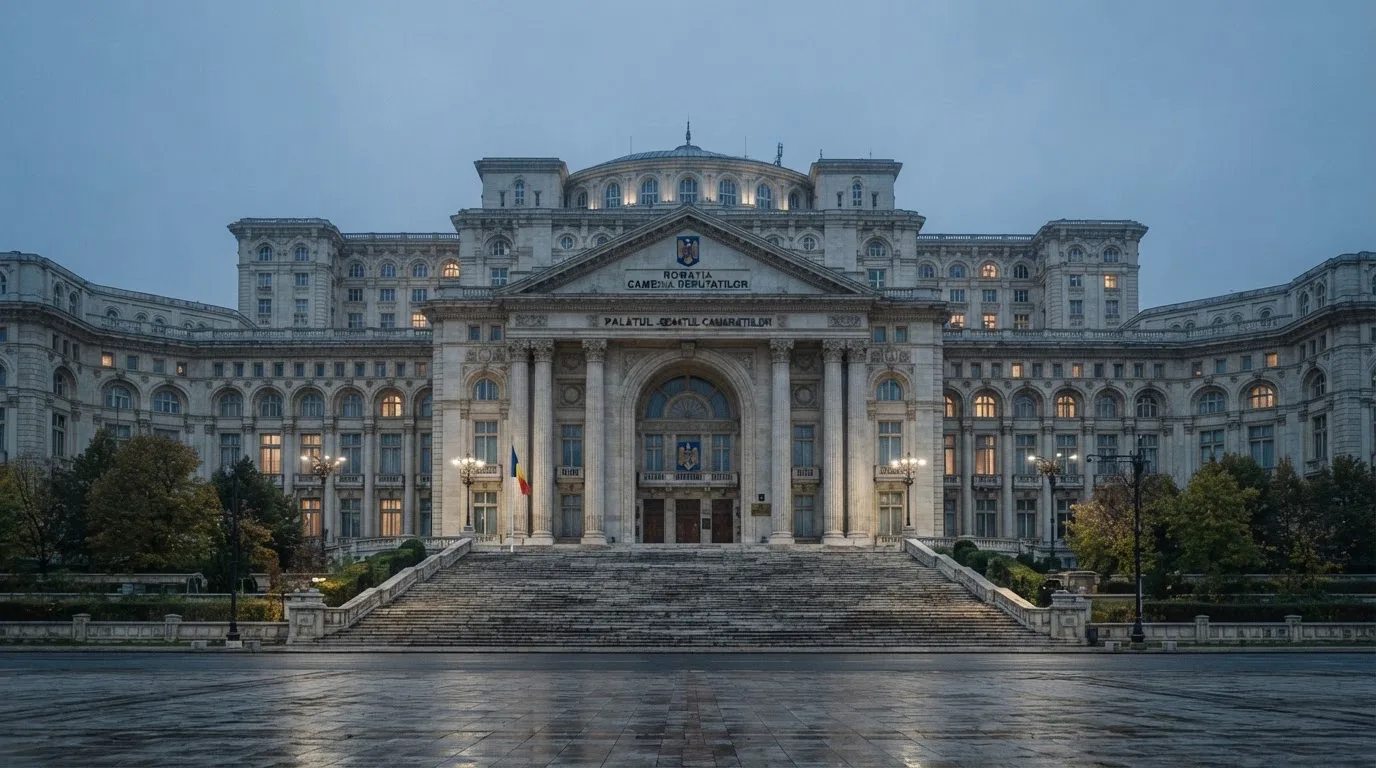 Fațada de piatră a unei clădiri guvernamentale din București, în lumina rece a zorilor — cazinouri cu visa în romania