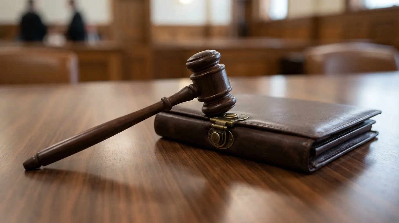 Un ciocan de judecător lângă un dosar de piele închis, pe o masă de nuc lustruit — cazinouri fără depunere în romania