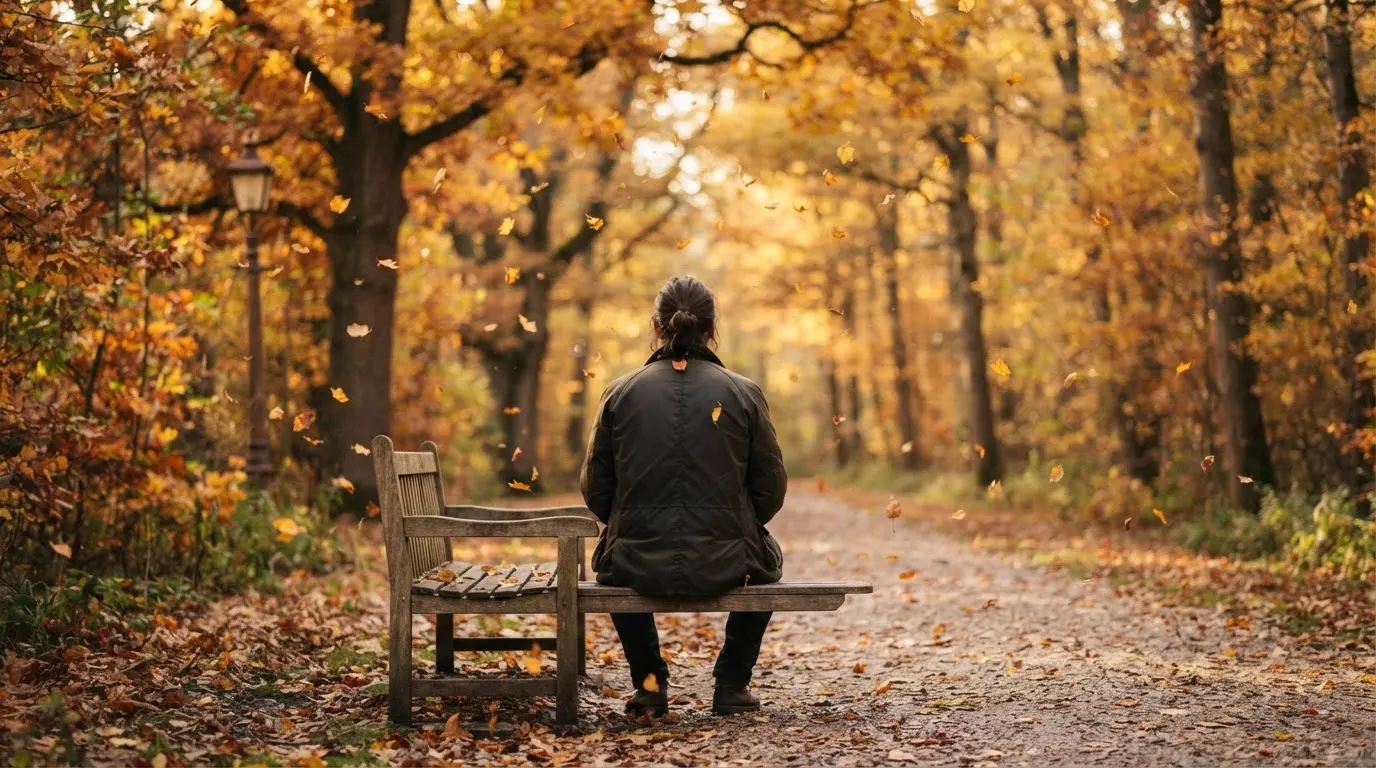 Un om pe o bancă din parc privește frunzele toamnei căzând, în lumină blândă — cazinouri fără licență în românia