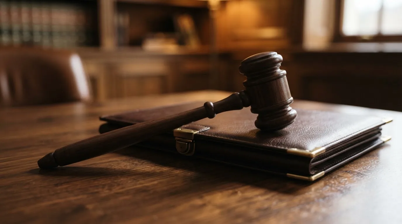 Un ciocan de judecător lângă un dosar de piele închis, pe o masă de nuc lustruit — cazinouri fără rulaj în românia