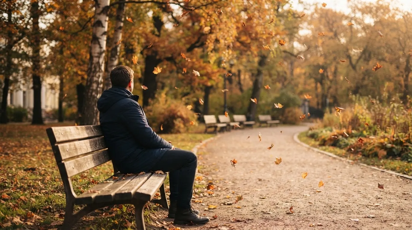 Un om pe o bancă din parc privește frunzele toamnei căzând, în lumină blândă — cazinouri în bucuresti