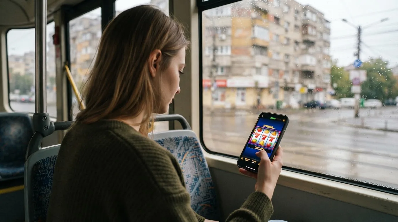 Tânără în tramvai ține telefonul cu ambele mâini și zâmbește, în timp ce afară se văd clădiri neclare în mișcare.
