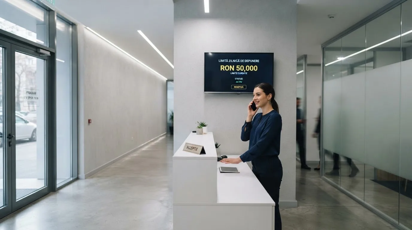 Birou de recepție într-un hol modern, cu un monitor discret pe un perete și o funcționară care răspunde la telefon.
