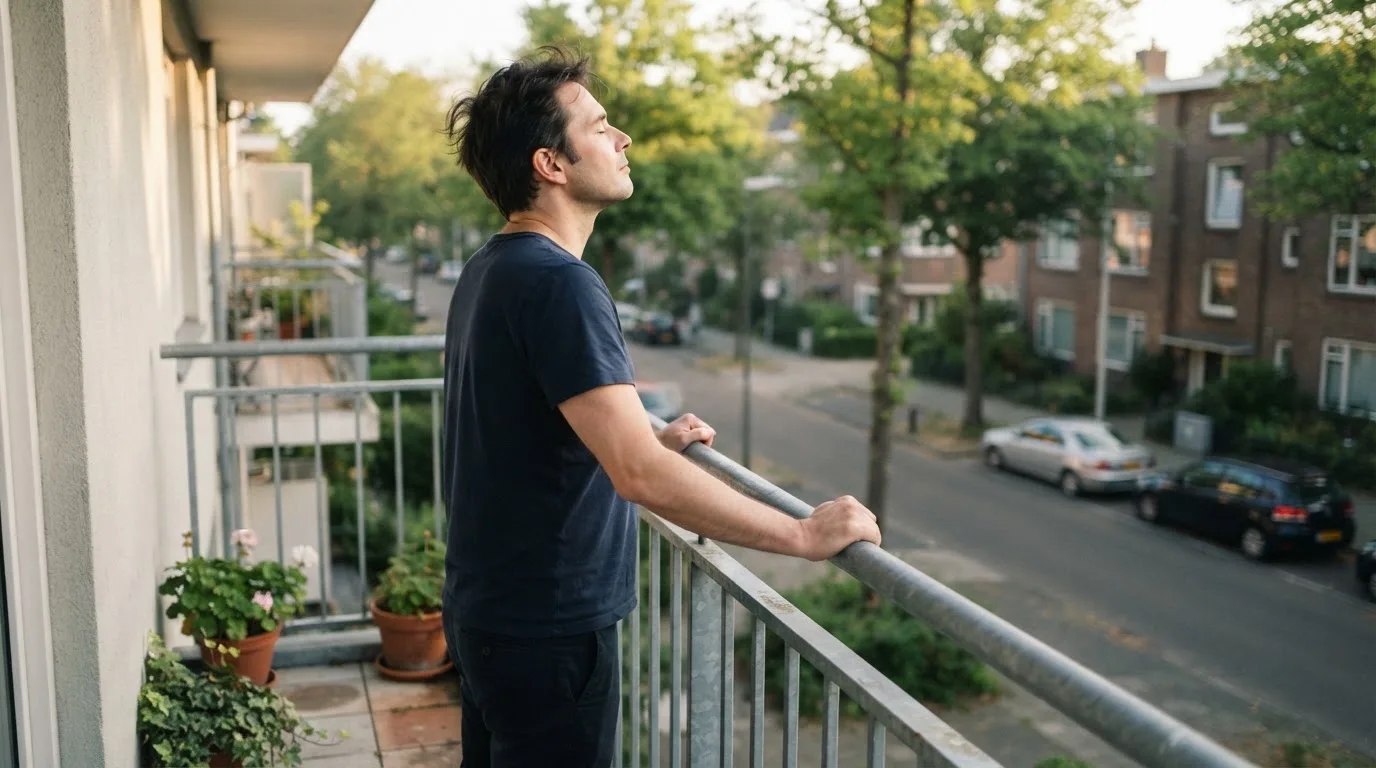 Bărbat care respiră adânc pe un balcon, cu ochii închiși și cu mâinile pe balustradă, deasupra unei străzi liniștite.