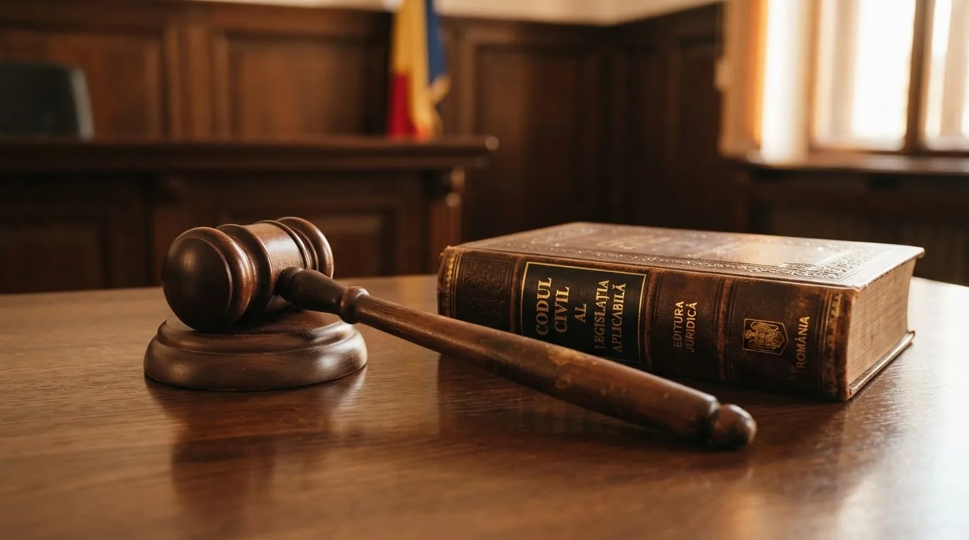 Ciocan de lemn de judecător așezat pe o masă lustruită, lângă o carte legată în piele, în lumină caldă.