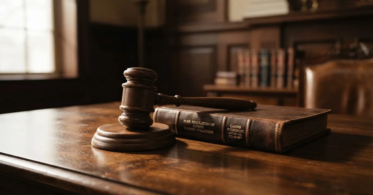 Un ciocan de judecător lângă un dosar de piele închis, pe o masă de nuc lustruit — cazinouri străine în românia