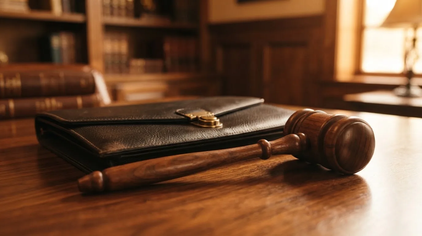 Un ciocan de judecător lângă un dosar de piele închis, pe o masă de nuc lustruit — cele mai bune păcănele în românia