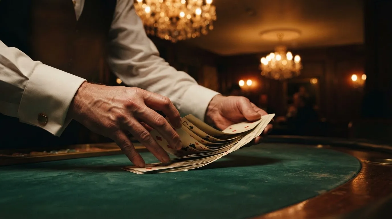 Mâinile unui crupier amestecă cărțile sub candelabrele unui cazinou elegant — dogecoin cazinou în romania