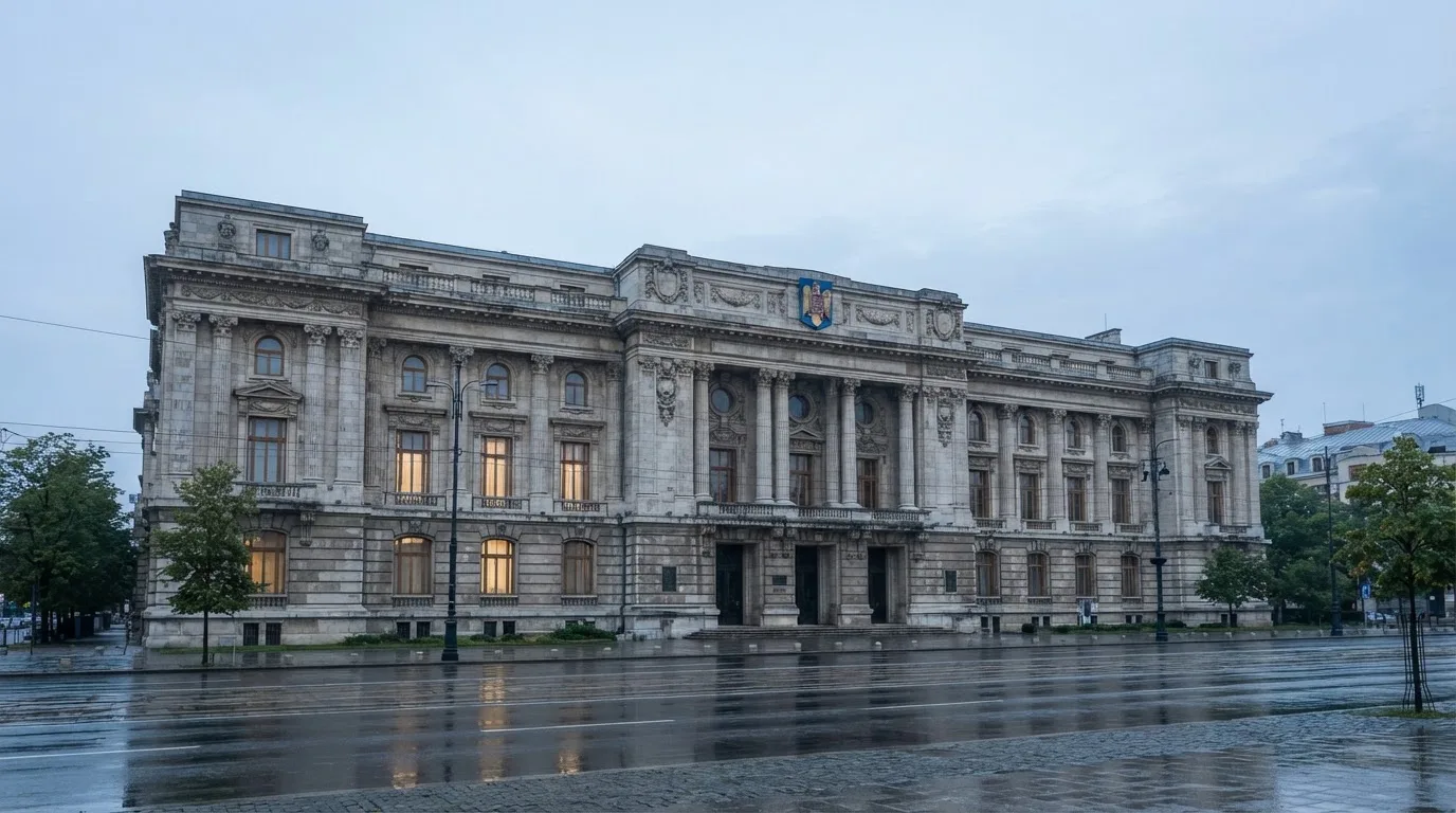 Fațada de piatră a unei clădiri guvernamentale din București, în lumina rece a zorilor — dogecoin cazinou în romania