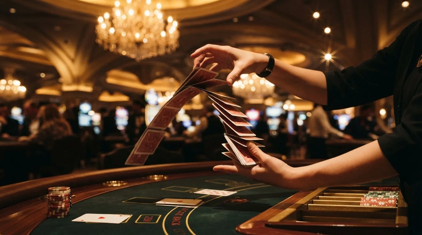 Mâinile unui crupier amestecă cărțile sub candelabrele unui cazinou elegant — joacă blackjack în românia